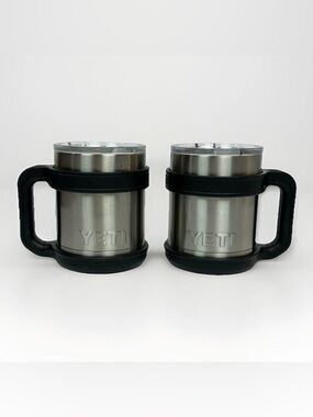 🧊 Set of 2 YETI Rambler 10 oz Lowball Tumblers w/ Handles & Lids StainlessSteel